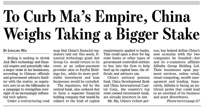 Alibaba Wall Street Journal 30 dicembre 2020