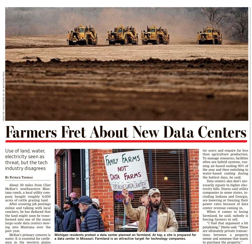 Data Center agricoltori Usa preoccupati WSJ luglio 2026