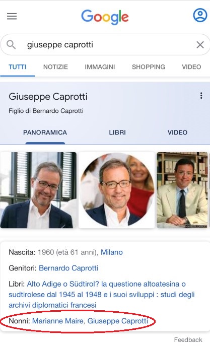 Giuseppe Caprotti nonni materni non ammessi su Google gennaio 2021