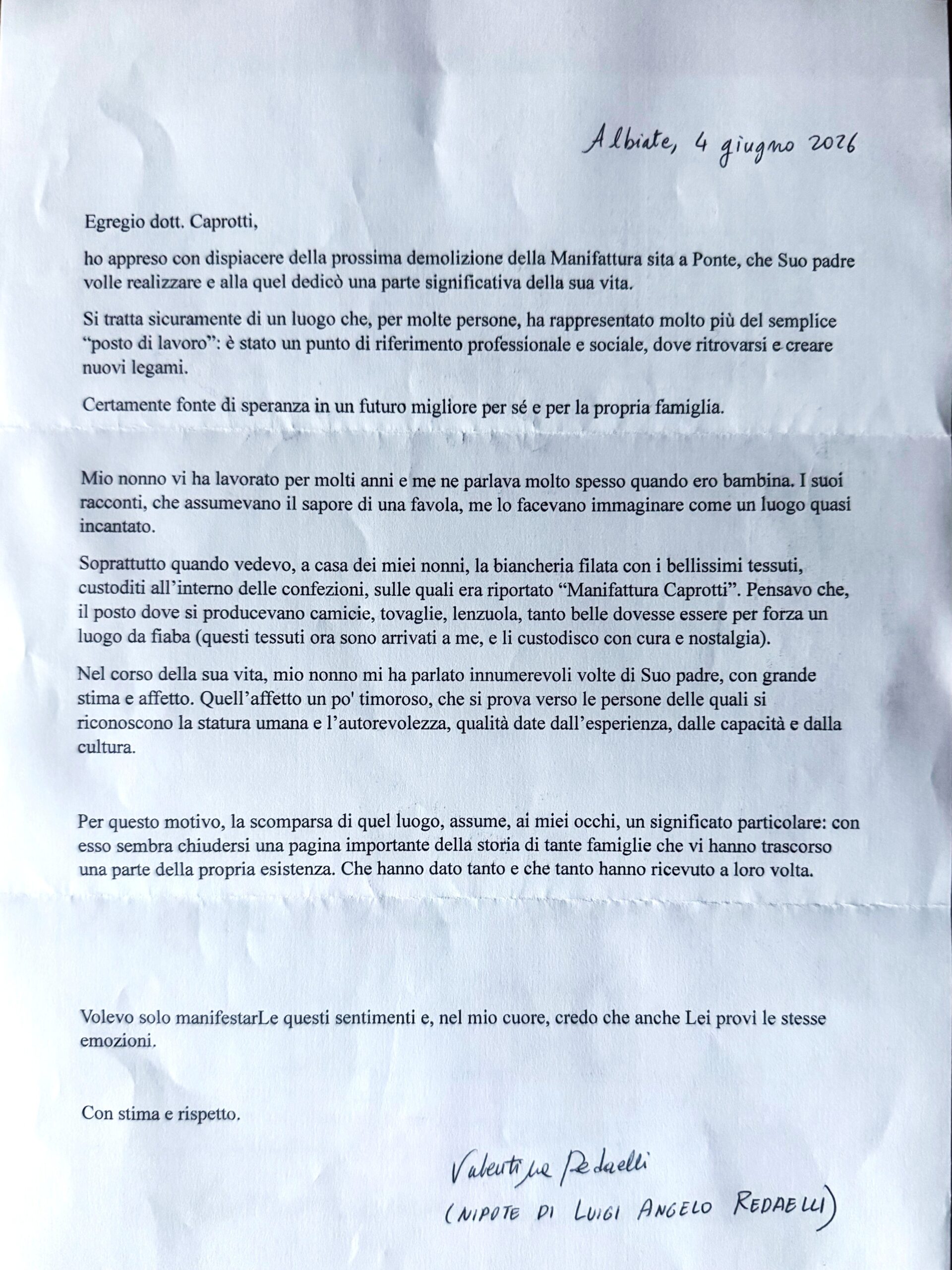 Lettera di Valentina Redaelli sulla Manifattura Caprotti 4 giugno 2026