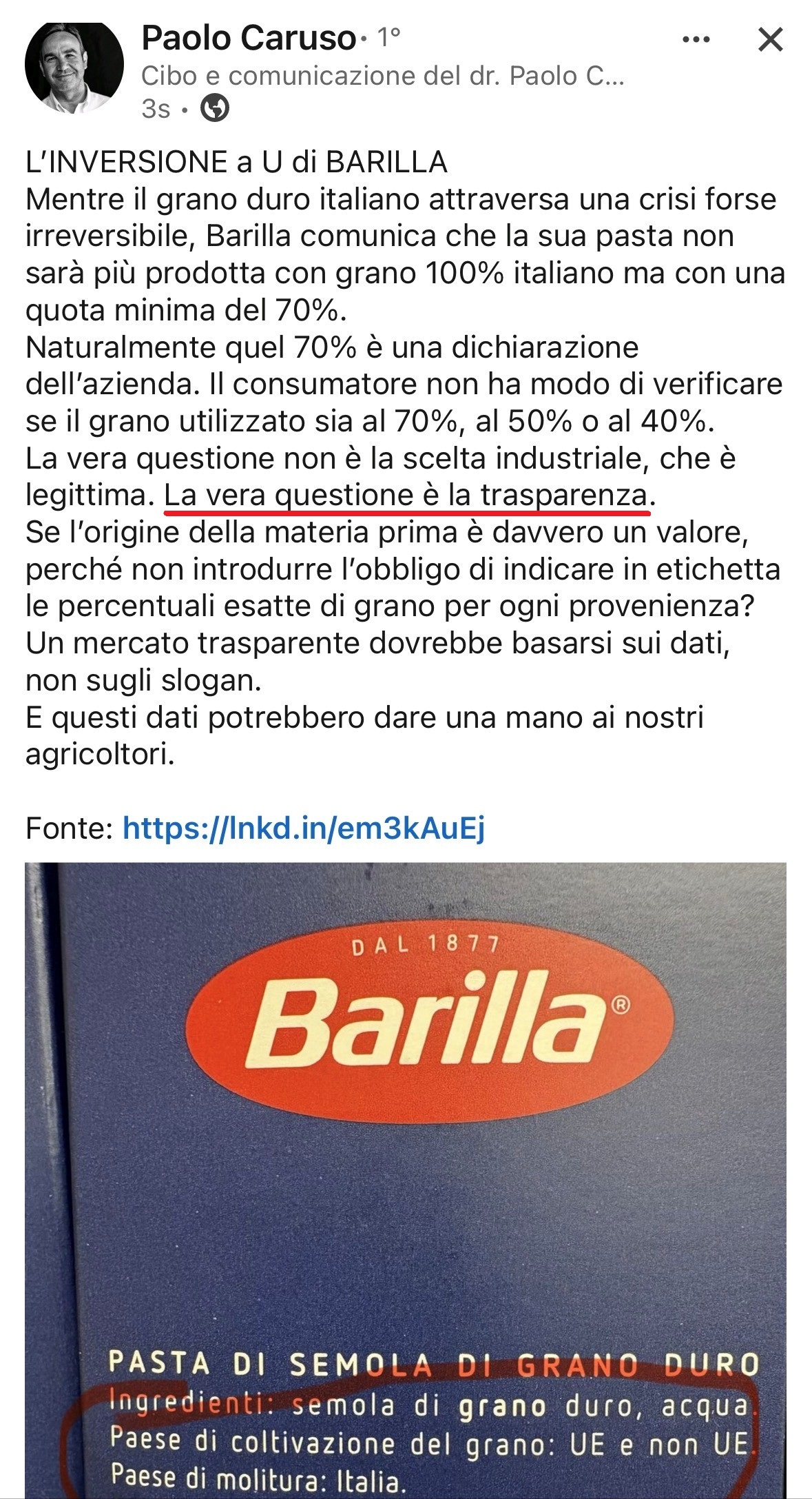 Paolo Caruso grano Barilla inversione a U